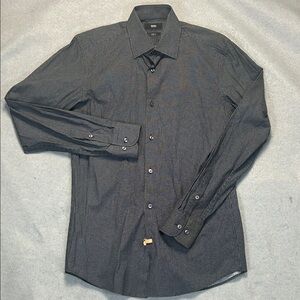 Boss Men's Long Sleeve Small Slim Fit Black Gray Stretch Patterned Dress Shirt